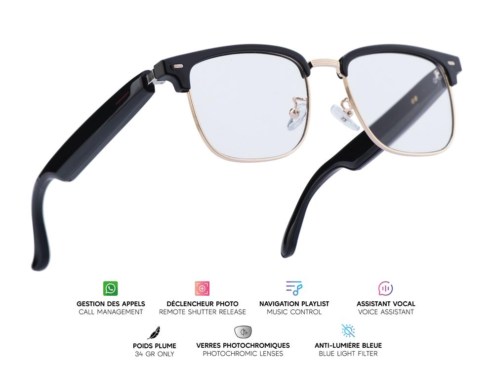Lunettes connectées Mogie. - Modèle Vega - Branches noires avec cerclage doré et verres photochromiques