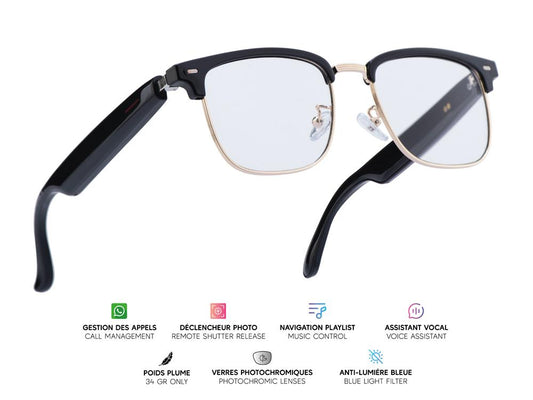Lunettes connectées Mogie. - Modèle Vega - Branches noires avec cerclage doré et verres photochromiques
