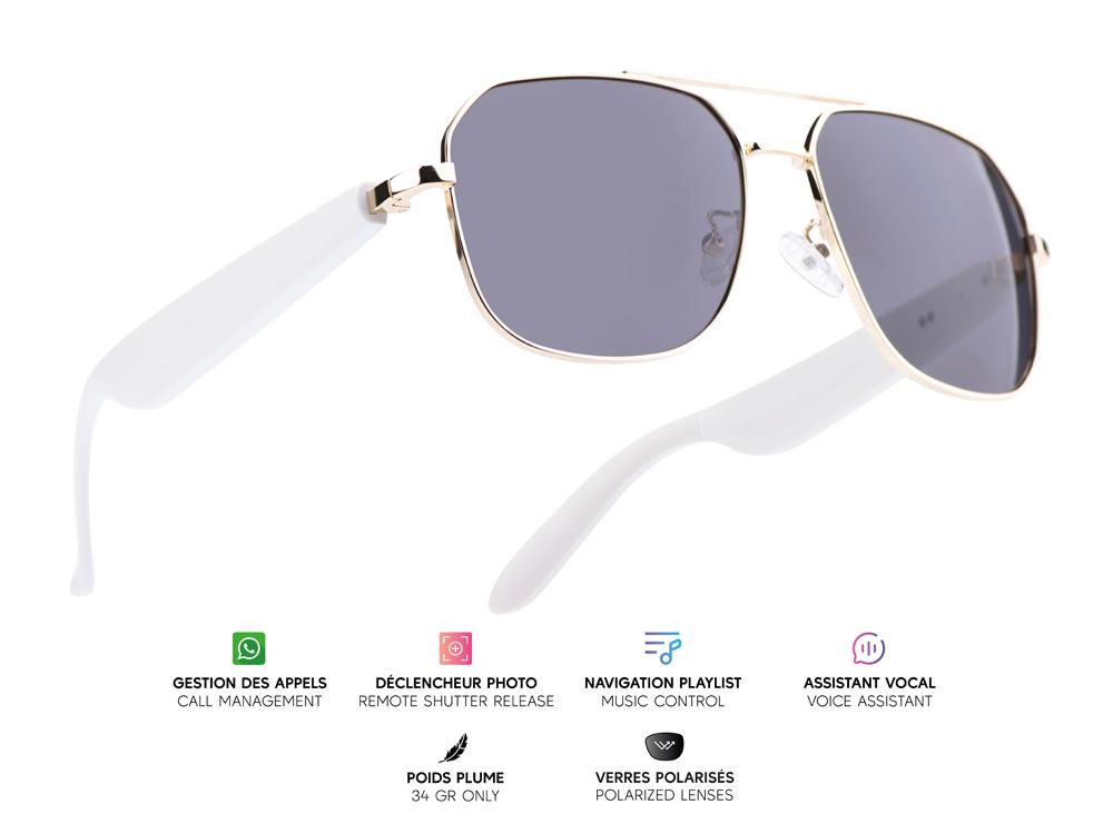 Lunettes connectées Mogie. - Modèle Thalos - Branches blanches avec monture dorée et verres solaires polarisés