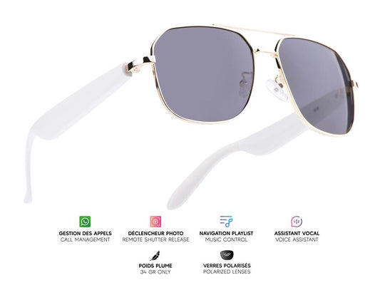 Lunettes connectées Mogie. - Modèle Thalos - Branches blanches avec monture dorée et verres solaires polarisés