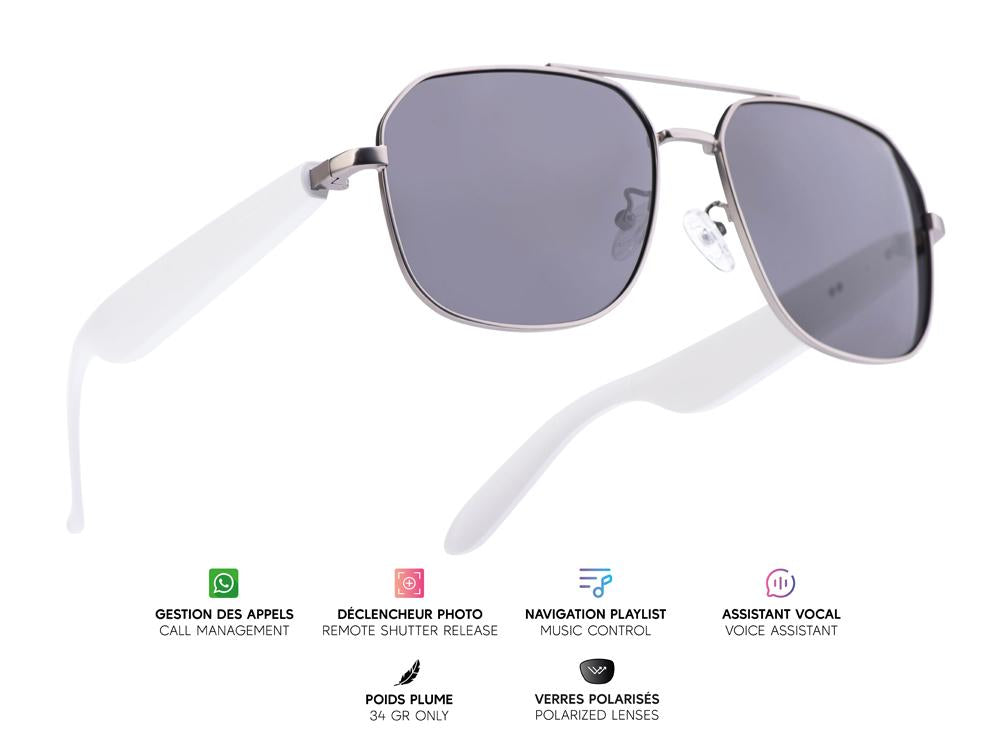 Lunettes connectées Mogie. - Modèle Thalos - Branches blanches avec monture argentée mate et verres solaires polarisés