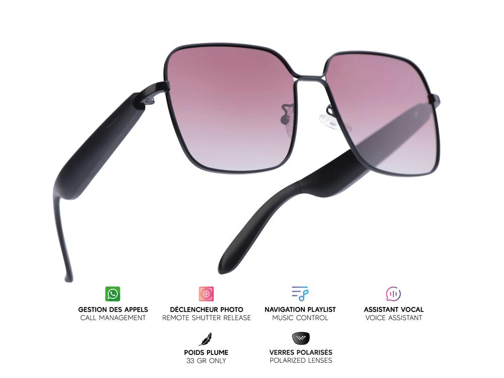 Lunettes connectées Mogie. - Modèle Nyra - Branches noires avec monture noire et verres solaires polarisés