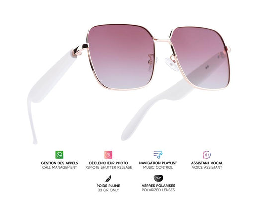 Lunettes connectées Mogie. - Modèle Nyra - Branches blanches avec monture or rose et verres solaires polarisés