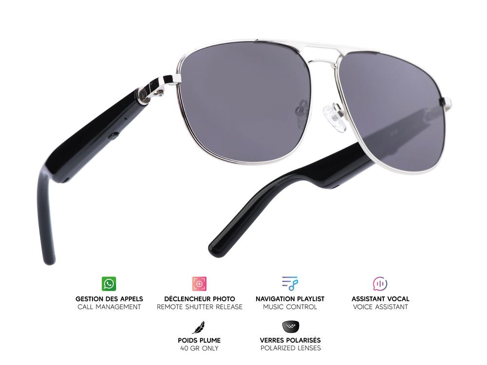 Lunettes connectées Mogie. - Modèle Nexis - Branches noires avec monture argentée et verres solaires polarisés