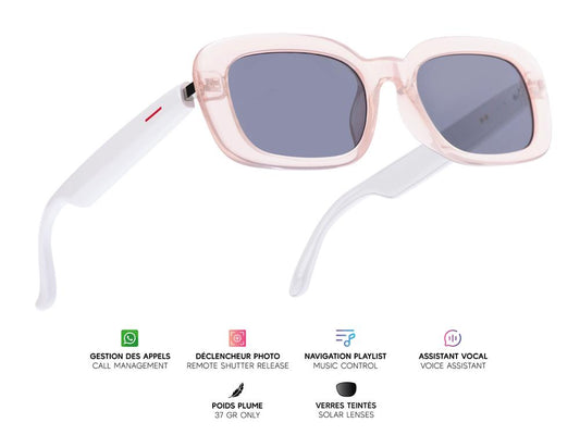 Lunettes connectées Mogie. - Modèle Mira - Branches blanches avec monture rose et verres solaires