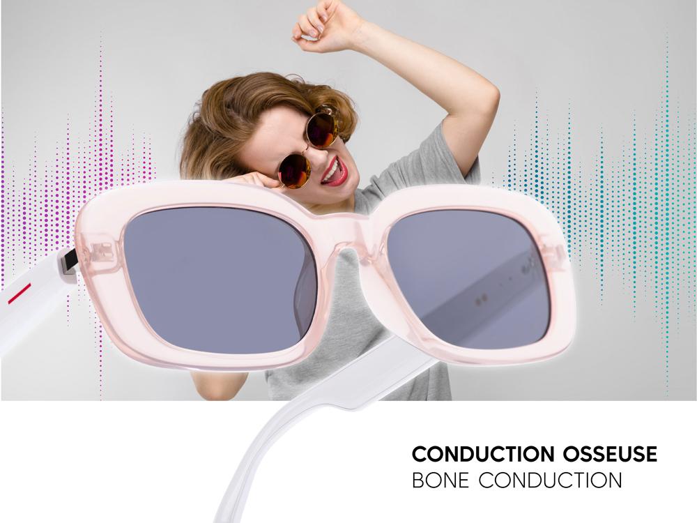 Lunettes connectées Mogie. - Modèle Mira - Branches blanches avec monture rose et verres solaires