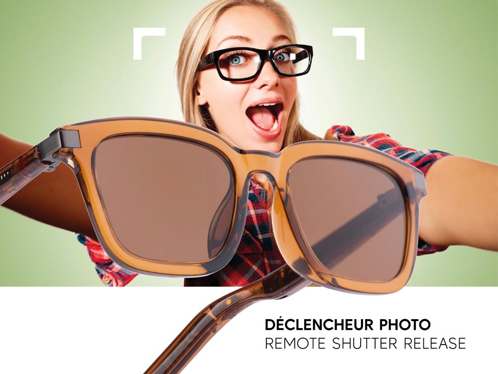 Lunettes connectées Mogie. - Modèle Caeli - Branches café translucides avec monture caramel et verres solaires teintés marron