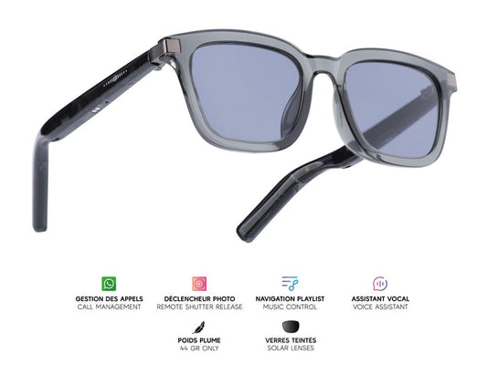 Lunettes connectées Mogie. - Modèle Caeli - Branches noires translucides avec monture noire et verres solaires