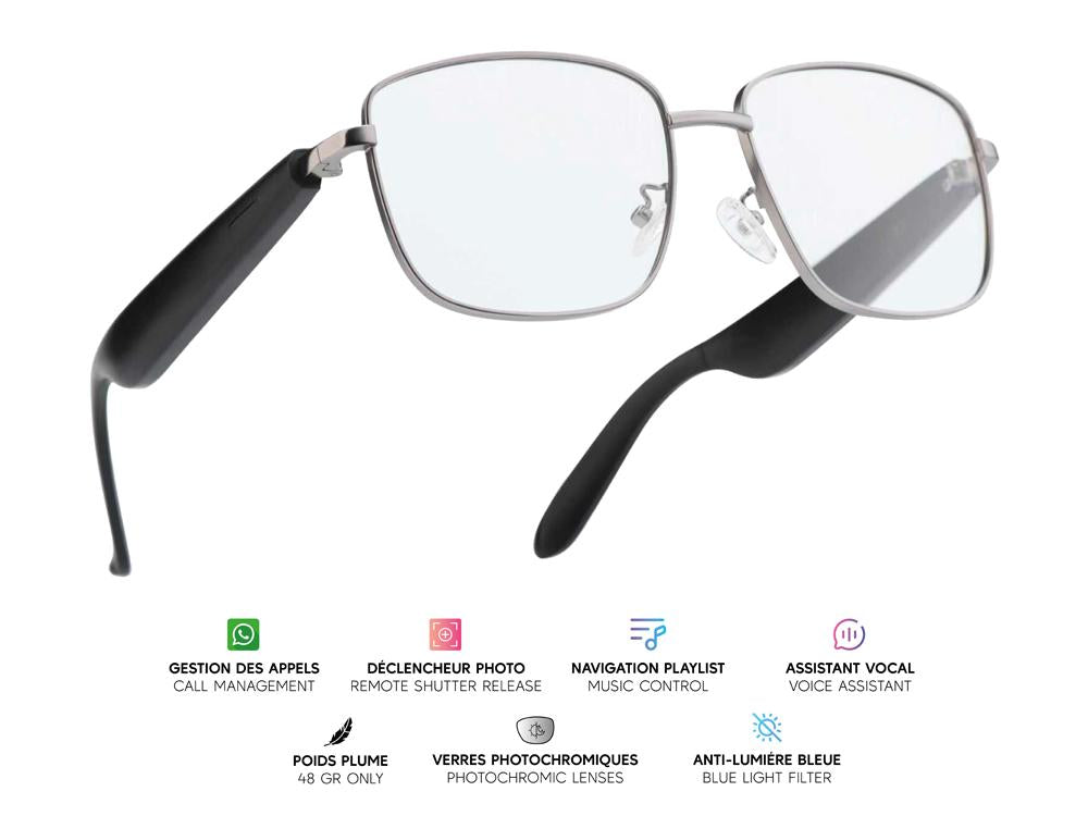 Lunettes connectées Mogie. - Modèle Lyra - Branches noires avec verres photochromiques