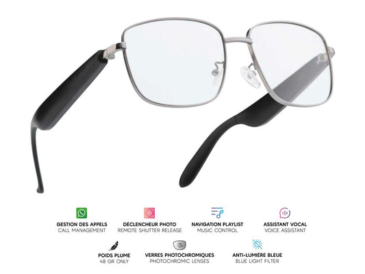 Lunettes connectées Mogie. - Modèle Lyra - Branches noires avec verres photochromiques