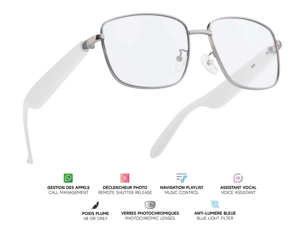 Lunettes connectées Mogie. - Modèle Lyra - Branches blanches avec verres photochromiques