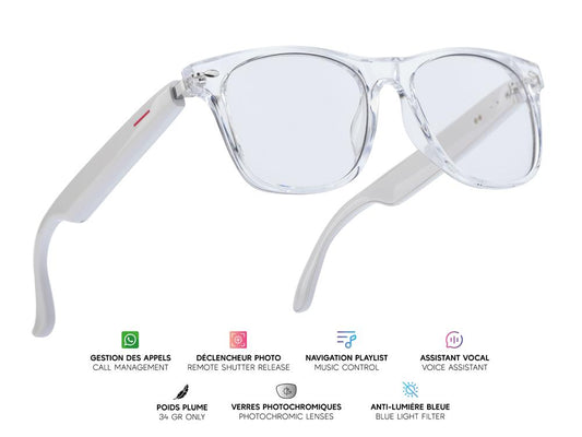 Lunettes connectées Mogie. - Modèle Sirius - Branches blanches avec monture transparente et verres photochromiques