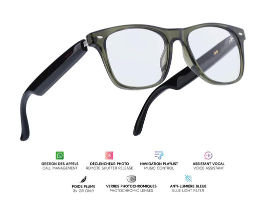 Lunettes connectées Mogie. - Modèle Sirius - Branches noires avec monture verte et verres photochromiques