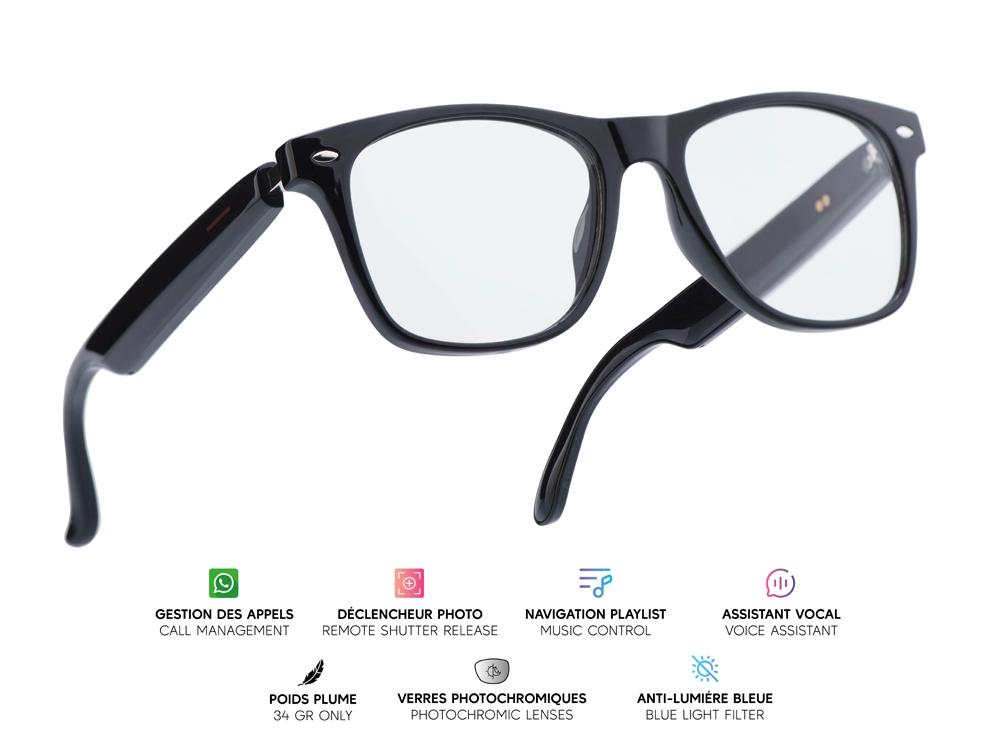 Lunettes connectées Mogie. - Modèle Sirius - Branches noires avec monture noire et verres photochromiques