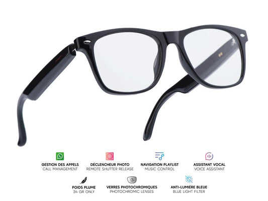 Lunettes connectées Mogie. - Modèle Sirius - Branches noires avec monture noire et verres photochromiques