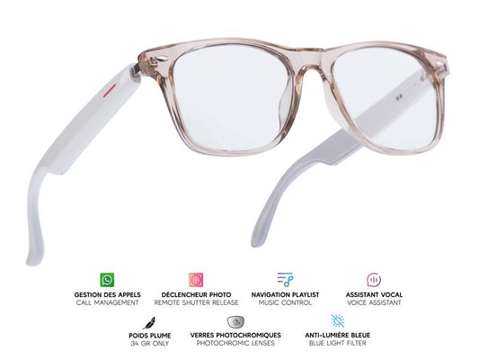 Lunettes connectées Mogie. - Modèle Sirius - Branches blanches avec monture champagne et verres photochromiques