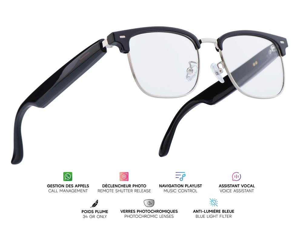 Lunettes connectées Mogie. - Modèle Vega - Branches noires avec cerclage argenté et verres photochromiques